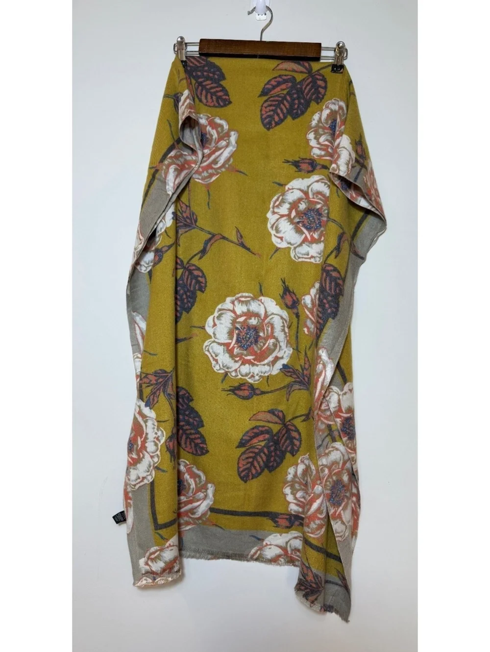 Oversized Mustard Floral Blanket Scarf Wrap Shawl Fringe Hem Boho Fall